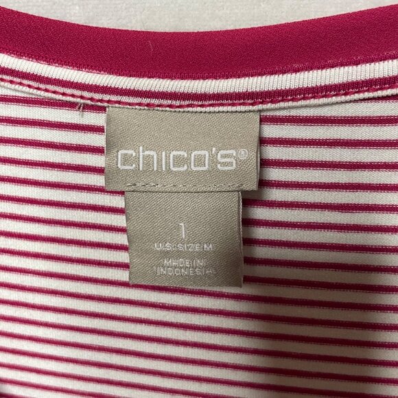 Chico’s Women’s Sz 1 US M Striped Woven-Hem Top Pink & White Rayon Spandex Blend - Picture 3 of 7